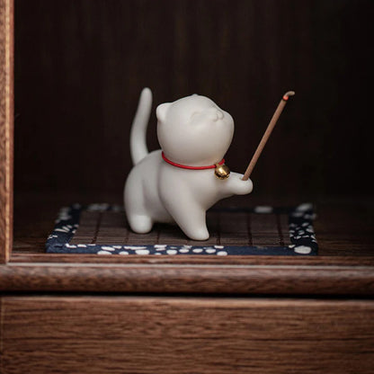 Mini Lucky Cat Kitten Tea Pet Ceramic Home Desk Figurine Decoration With Bamboo Mat| Zen Ara Grove
