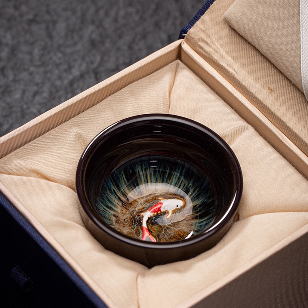 Kiln-Change Glaze Porcelain Teacup – Lucky Fish "Year of Plenty" Design | Zen Ara Grove