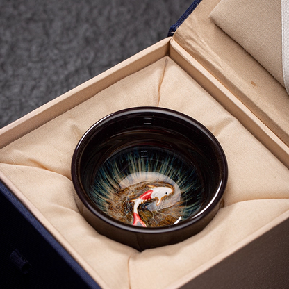 Kiln-Change Glaze Porcelain Teacup – Lucky Fish "Year of Plenty" Design | Zen Ara Grove